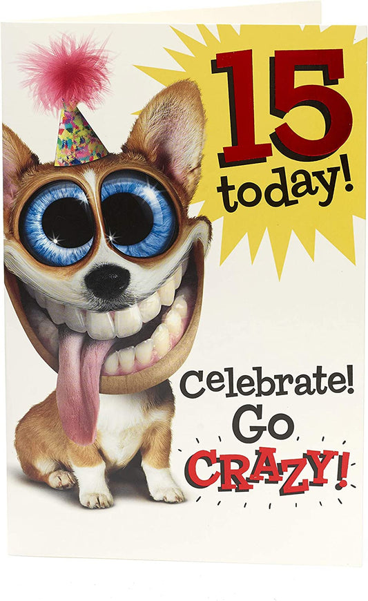 Celebrate Go Crazy 15th Birthday Card featuring a grinning dog from UK Greetings, showcasing colorful birthday design and playful dog illustration.