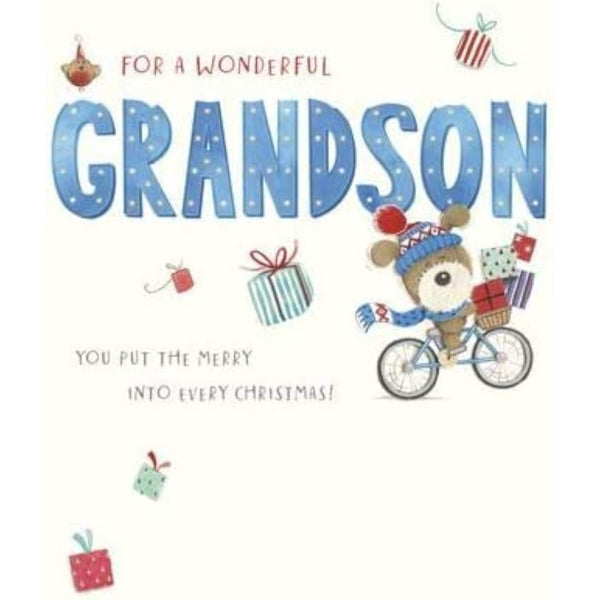 Charming Boofle bike Christmas greeting card for grandson featuring festive holiday design by UK Greetings.