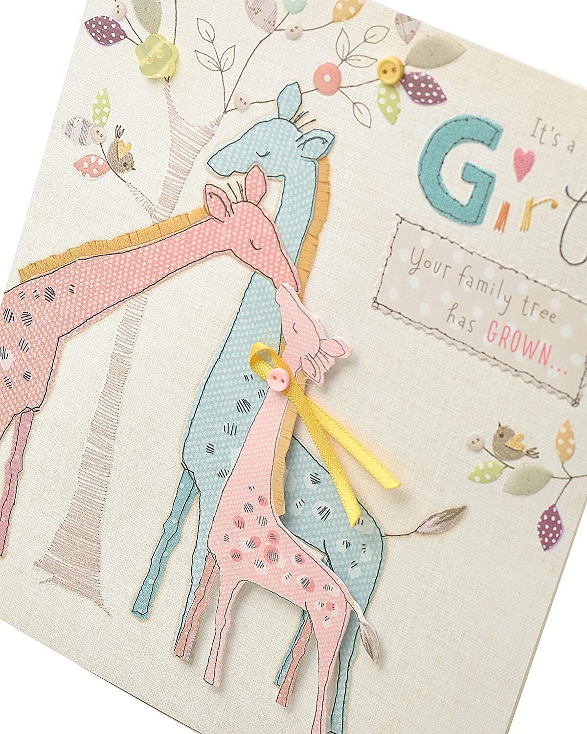 Charming new baby girl greeting card by UK Greetings featuring colorful buttons and a sweet design for celebrating a baby's arrival.