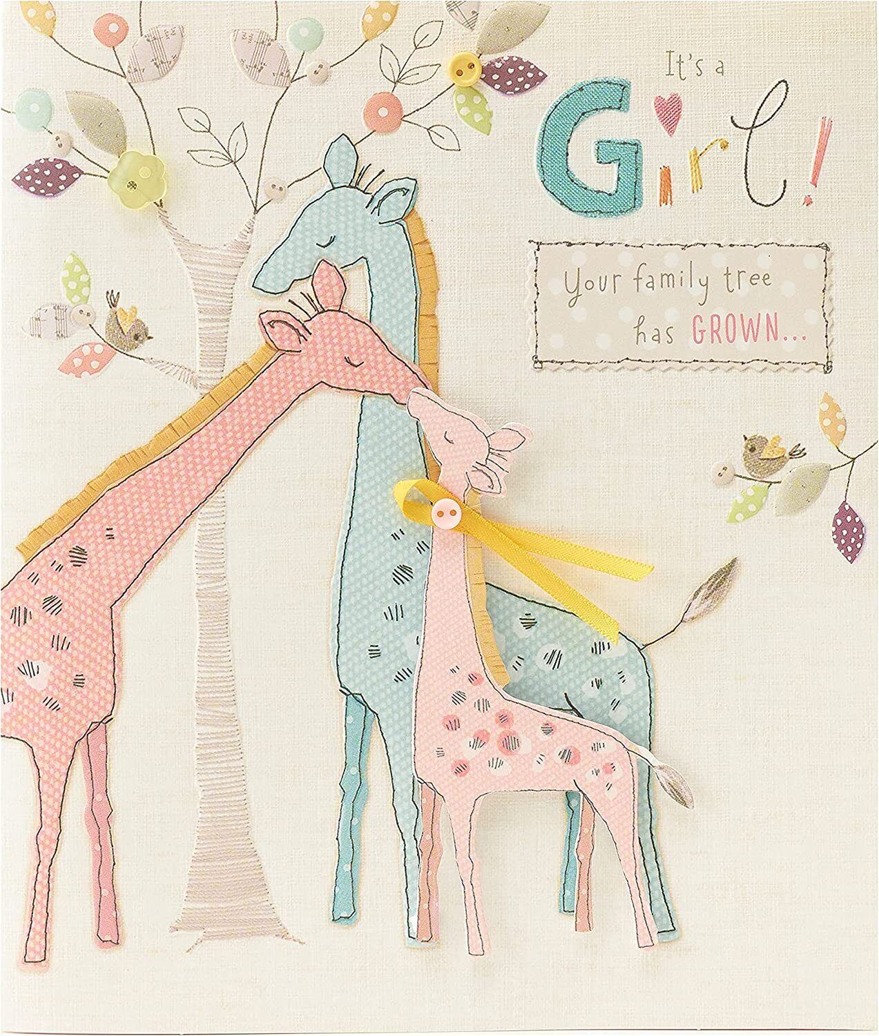 Charming Baby Girl Greeting Card from UK Greetings featuring a cute button design and cheerful message for new baby celebrations.