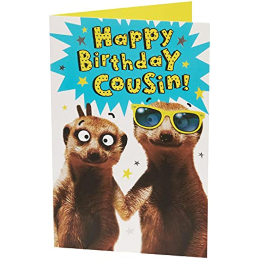 Cheeky Meerkat Cousin birthday greeting card by UK Greetings featuring a playful meerkat illustration.