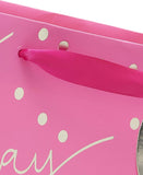 Pink Happy Birthday gift bag with cheerful "Happy Birthday" greeting and floral design, ideal for birthday celebrations.
