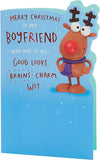 Funny reindeer Christmas greeting card for boyfriend from UK Greetings, featuring holiday cheer and festive holiday design.