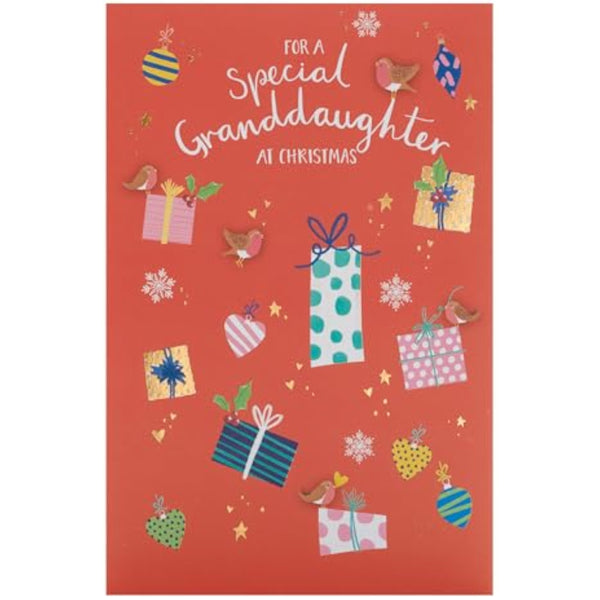 Christmas greeting card for granddaughter with foil design and presents illustration, by UK Greetings.