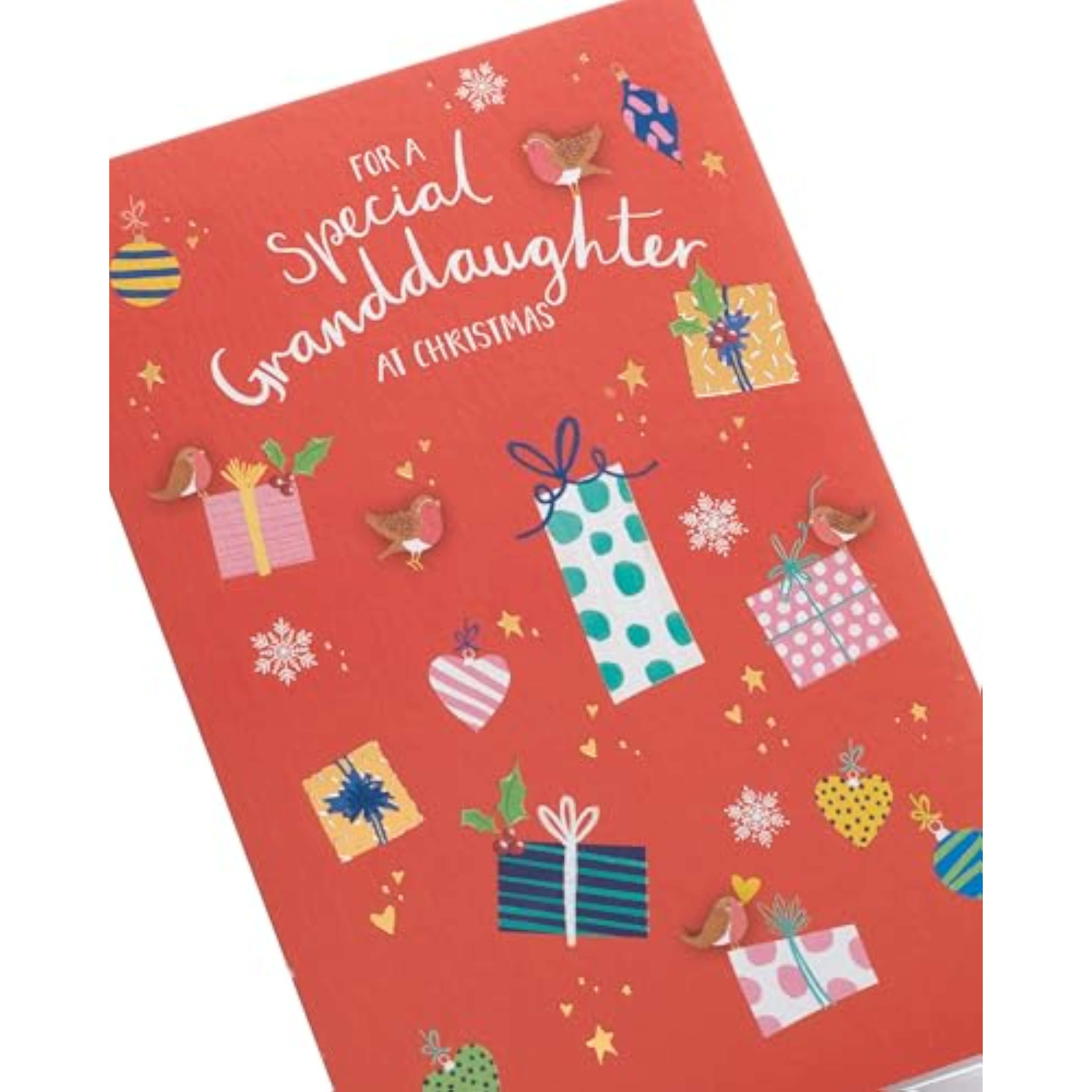 Christmas greeting card for granddaughter featuring a foil design with sweet presents, by UK Greetings.