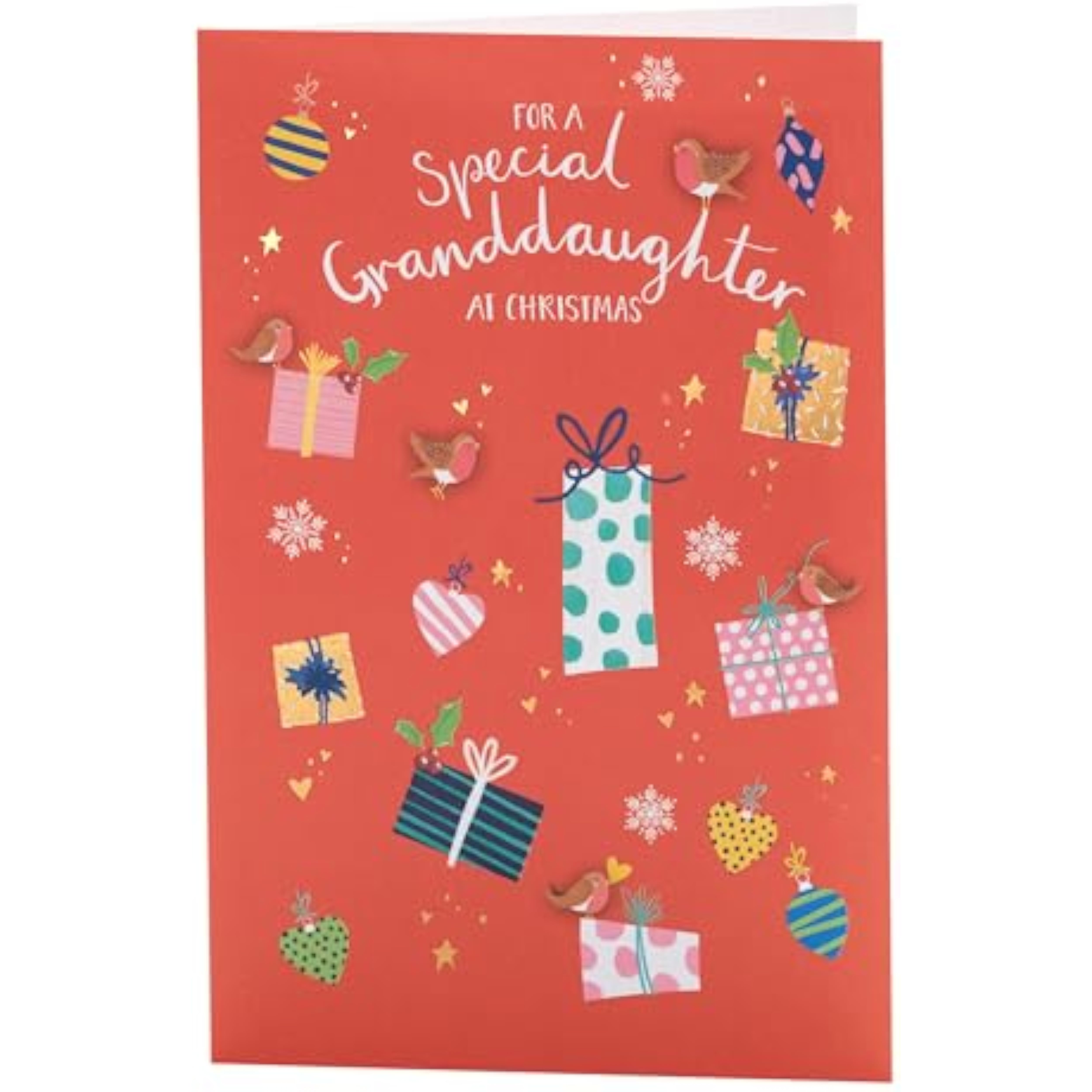 Christmas greeting card for granddaughter with foil accents and sweet presents design, by UK Greetings.