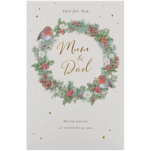 Festive Christmas greeting card for Mum and Dad with foil-wrapped wreath design, UK Greetings brand, shown in the image.
