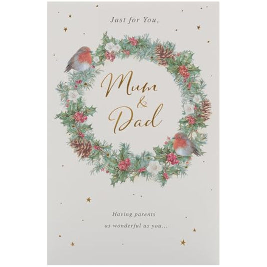 Festive Christmas greeting card for Mum and Dad with foil-wrapped wreath design, UK Greetings brand, shown in the image.