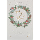 Festive Christmas greeting card for Mum and Dad with foil-wrapped wreath design, UK Greetings brand, shown in the image.
