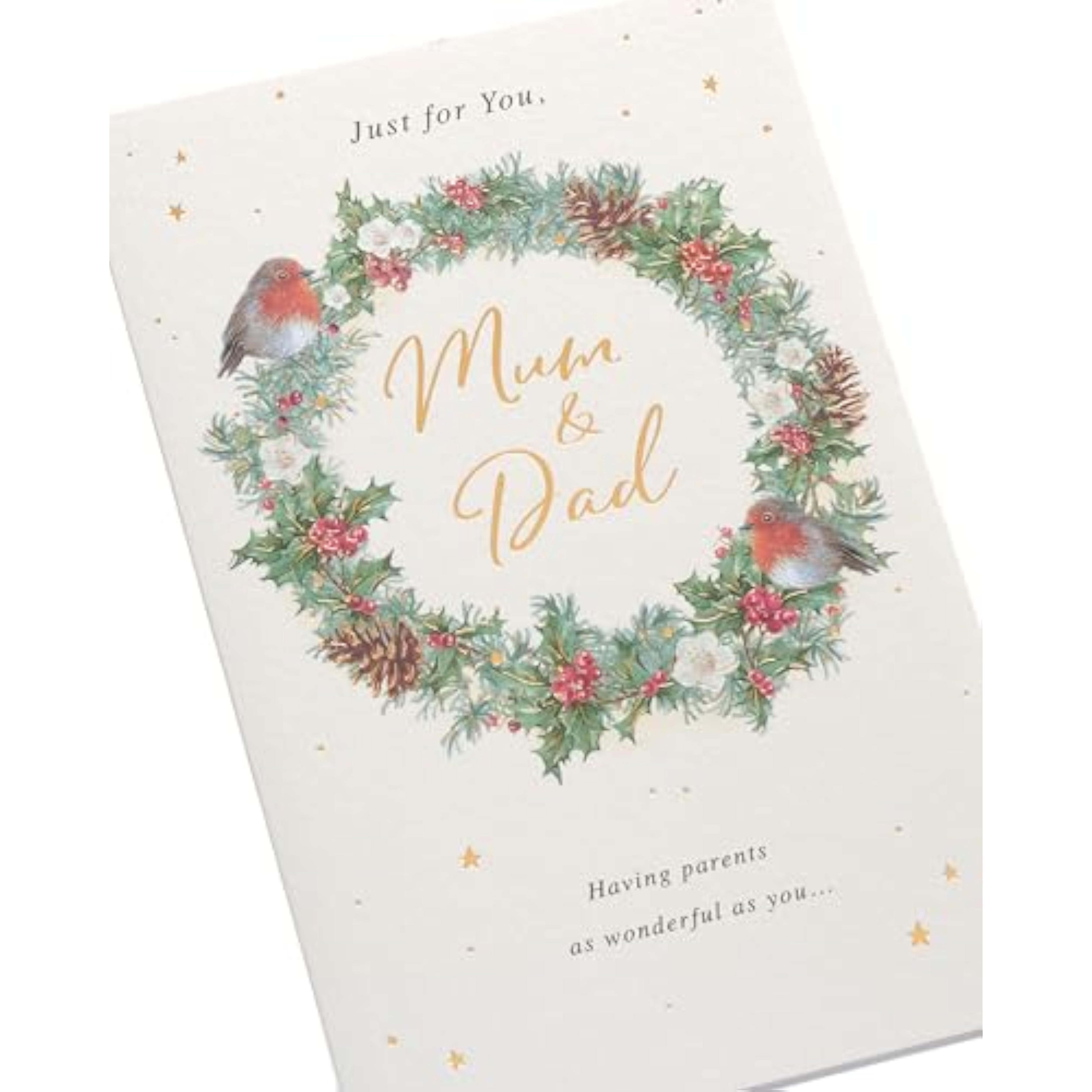 Festive Christmas greeting card for mum and dad with a foil-wrapped wreath design, by UK Greetings.