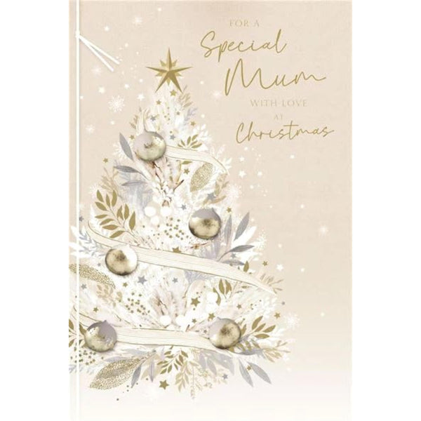 Foil embossed Christmas greeting card for mum featuring a tree design and twine detail, by UK Greetings.