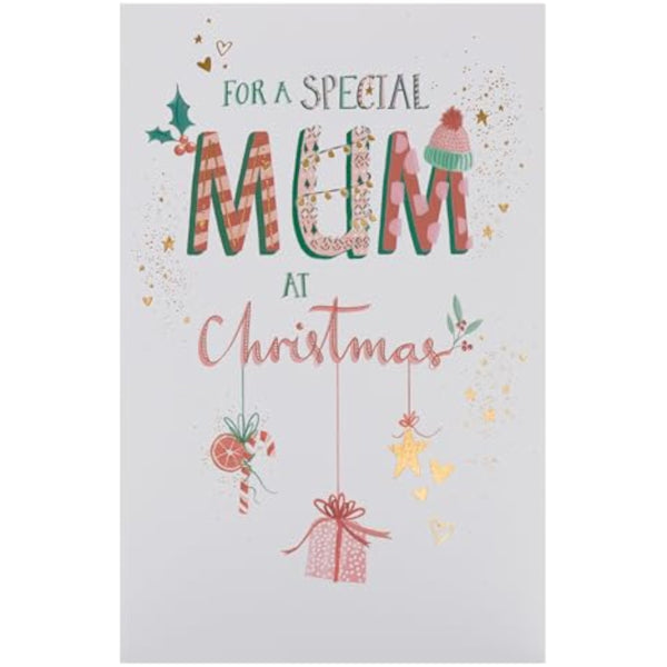 Christmas greeting card for mum featuring hanging ornaments with foil design, from UK Greetings, showcasing festive holiday decoration.