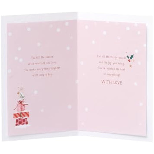 Christmas greeting card for mum featuring hanging ornaments with foil design, from UK Greetings, decorated with festive holiday imagery.