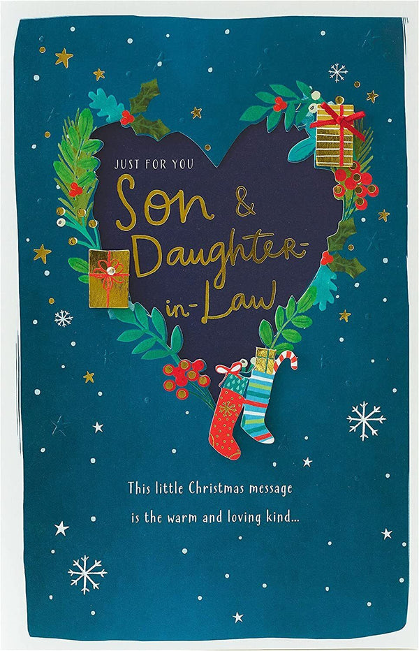 Christmas greeting card for son and daughter-in-law from UK Greetings, featuring festive holiday design and heartfelt message.
