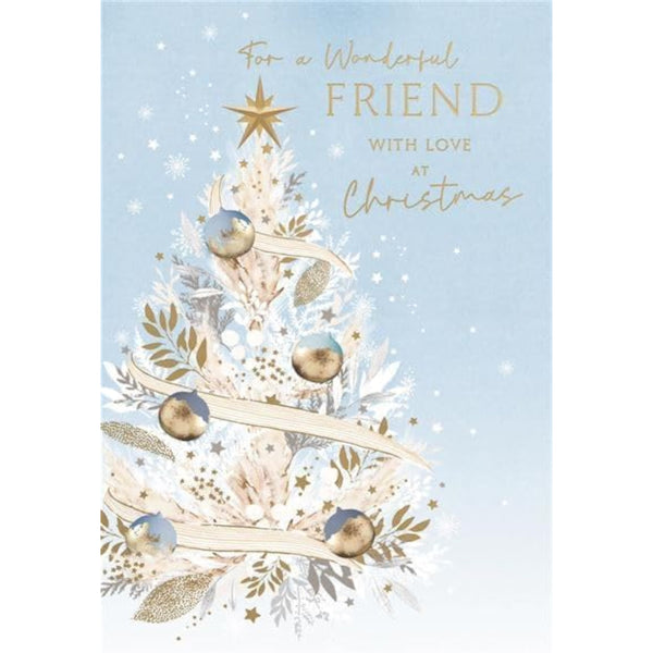 Foil embossed Christmas greeting card featuring a festive tree design, perfect for sending warm wishes to a wonderful friend.