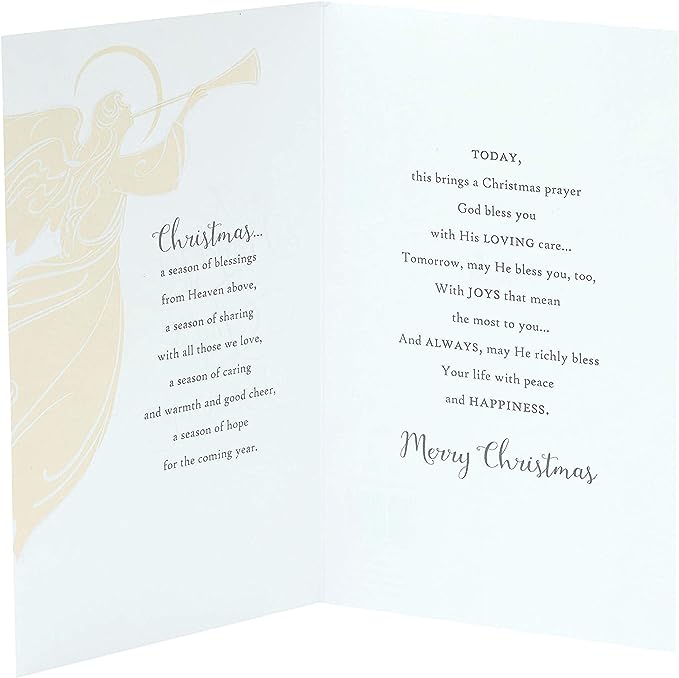 Elegant Christmas prayer greeting card featuring an angel design and heartfelt blessings, suitable for religious holiday wishes.