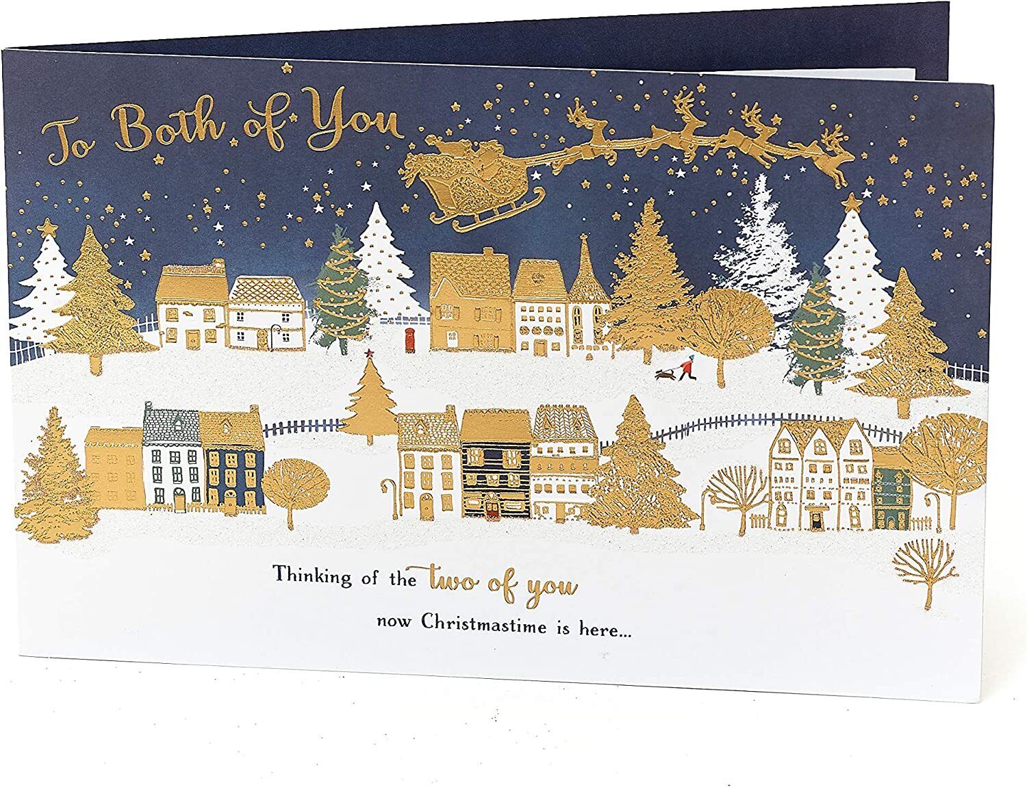 Festive Christmas Town Scene greeting card for couples from UK Greetings, featuring a cheerful holiday village illustration.