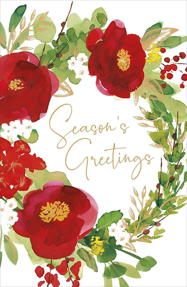 Watercolour Christmas Wishes wreath greeting card by UK Greetings with elegant seasonal greetings design.