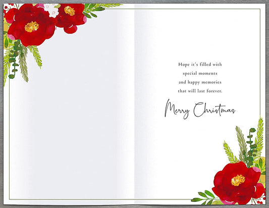 Elegant Christmas Wishes watercolor wreath greeting card with seasonal greetings, featuring festive red and green accents.