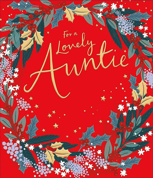 Christmas wreath Auntie greeting card from UK Greetings with festive design and "Special Festive Wishes" message.