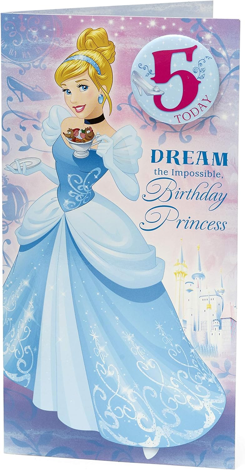Cinderella 5th birthday greeting card by UK Greetings featuring a colorful fairy tale design and a birthday message for kids.