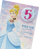 Cinderella 5th birthday greeting card from UK Greetings featuring a colorful badge design and Disney's Cinderella character.