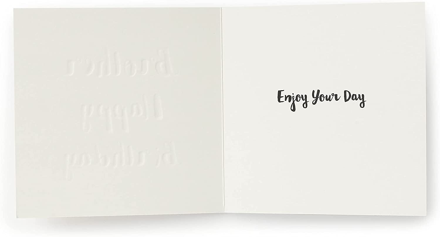 Front of a classic greeting card for brother by UK Greetings, featuring colorful birthday-themed illustrations and heartfelt message.