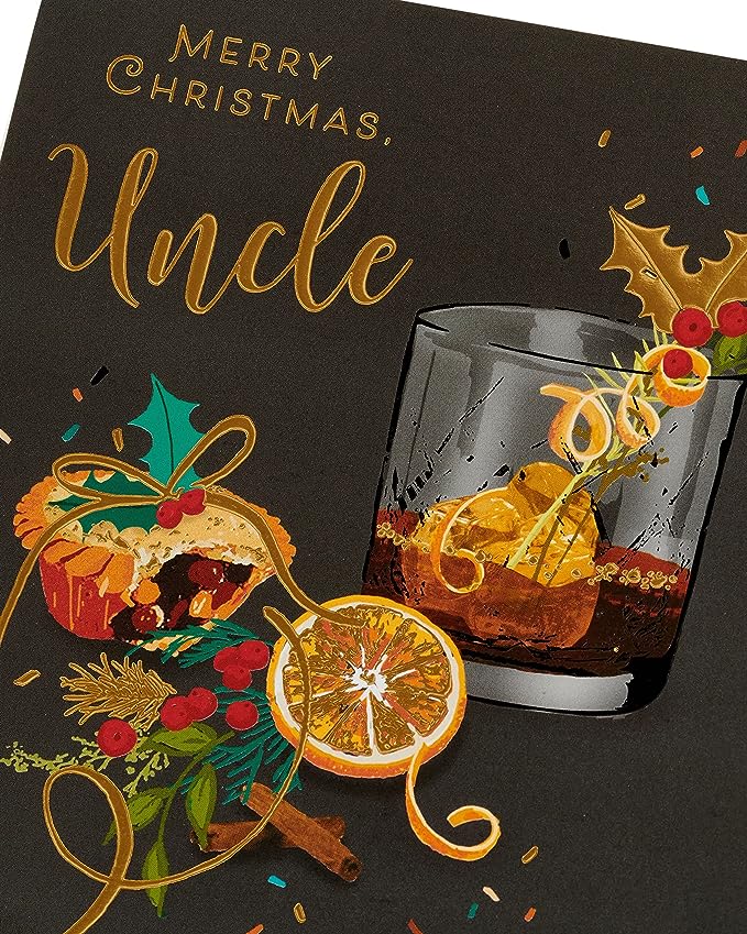 Festive foil finished Christmas greeting card for uncle by UK Greetings, featuring holiday-themed design and warm seasonal imagery.