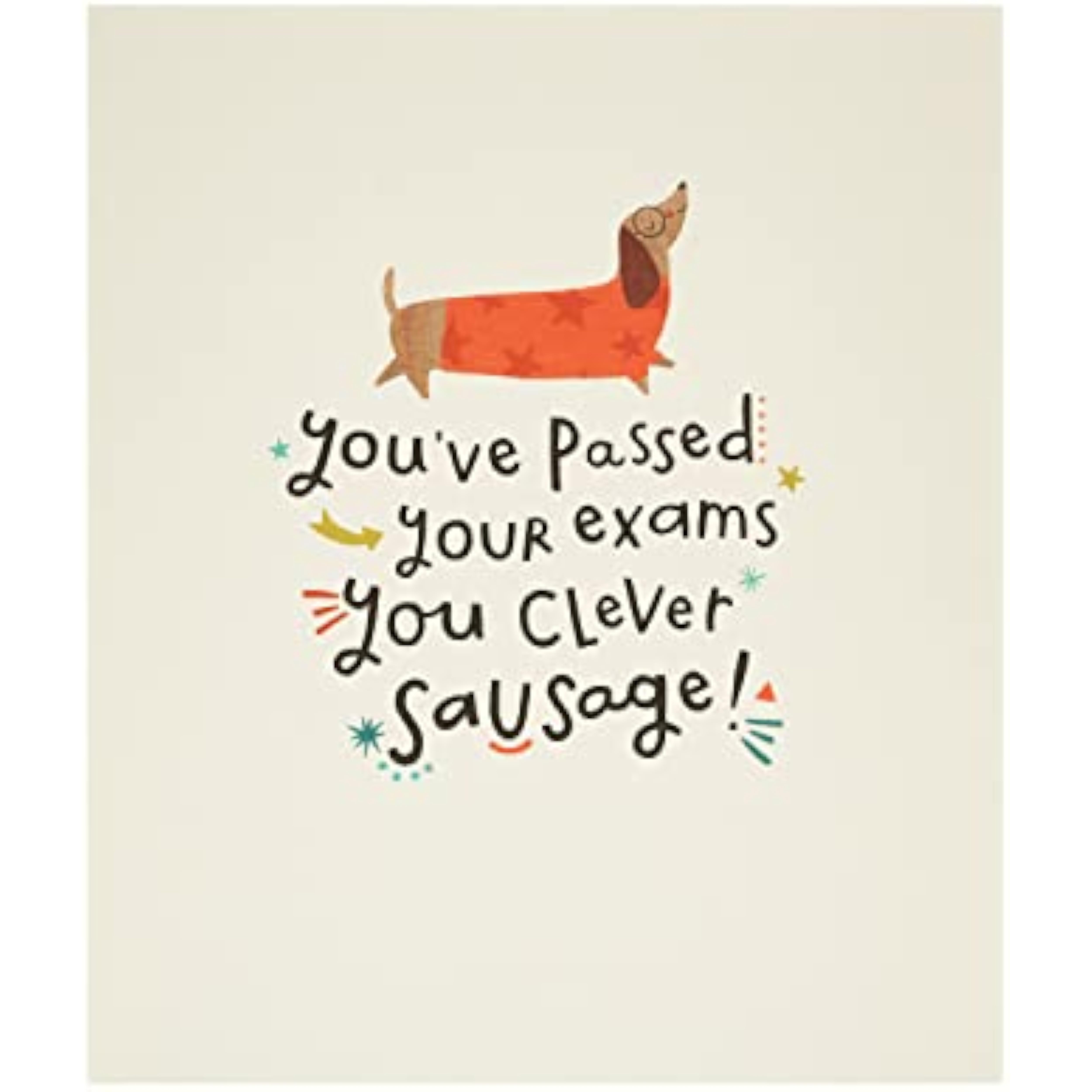 UK Greetings Clever Sausage Exams Passed greeting card featuring a humorous design and congratulatory message for students.