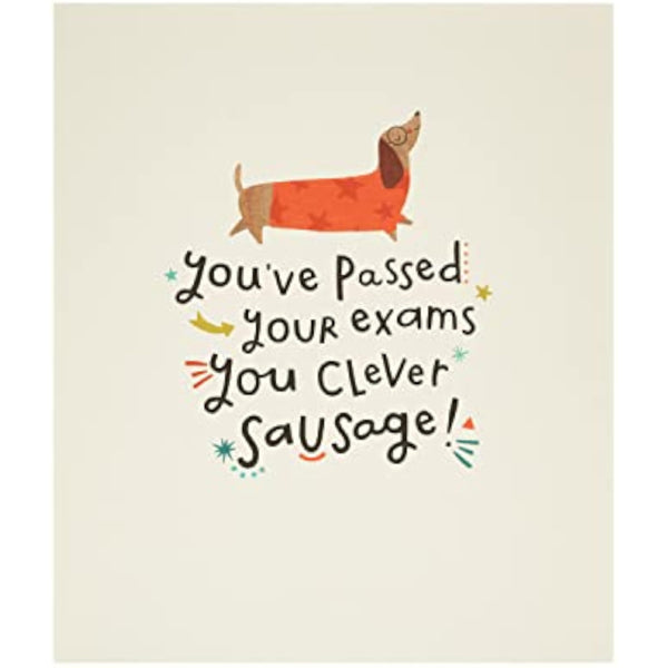 UK Greetings Clever Sausage Exams Passed greeting card featuring a humorous design and congratulatory message for students.
