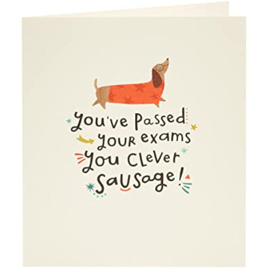 UK Greetings Clever Sausage Exams Passed greeting card featuring playful sausage illustrations and celebratory design.