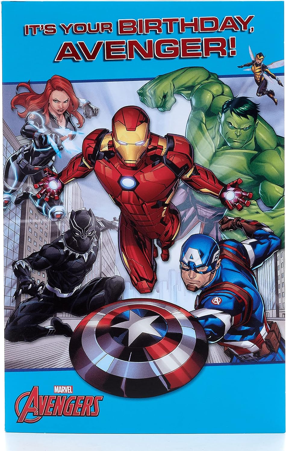 Colorful Avengers Boy Birthday Card by UK Greetings featuring superhero characters on a festive greeting card.
