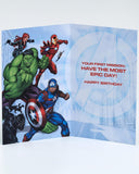 Colorful Avengers boy birthday greeting card with superhero characters, designed by UK Greetings, featuring vibrant comic-style artwork.