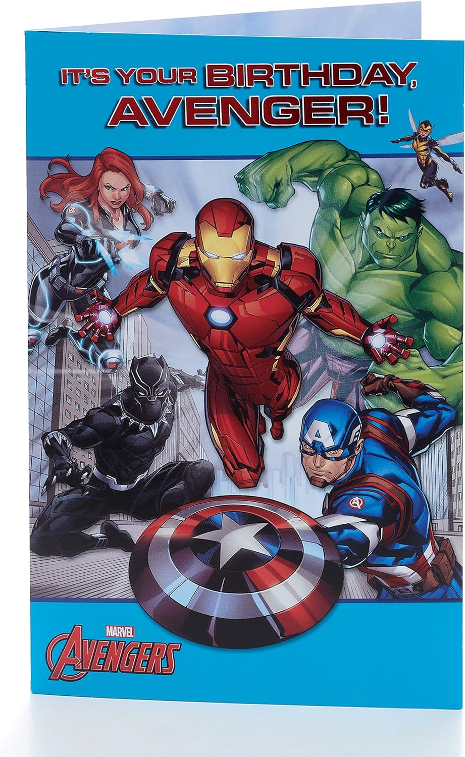 Colorful Avengers boy birthday greeting card featuring popular superhero characters, perfect for celebrating a young fan's special day.