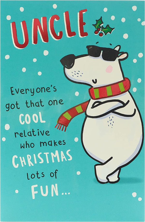 Funny Christmas greeting card featuring a cool uncle polar bear illustration on a UK Greetings holiday card.
