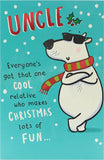 Funny Christmas greeting card featuring a cool uncle polar bear illustration on a UK Greetings holiday card.