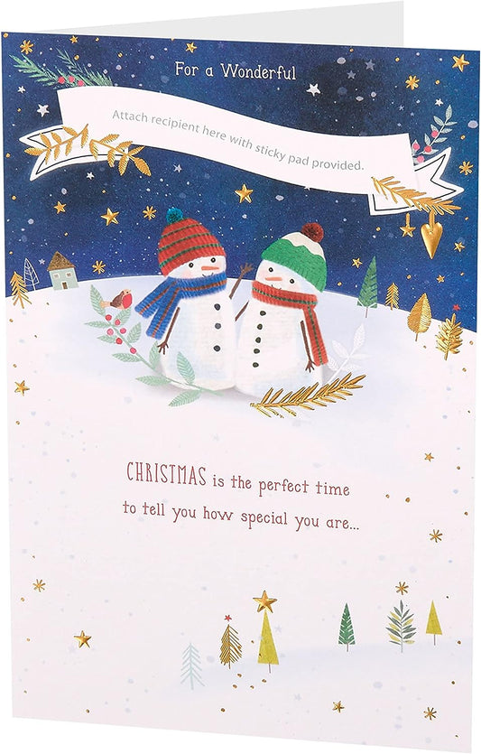Cute snowman hugging a grandson on a Christmas greeting card by UK Greetings, featuring festive holiday artwork.