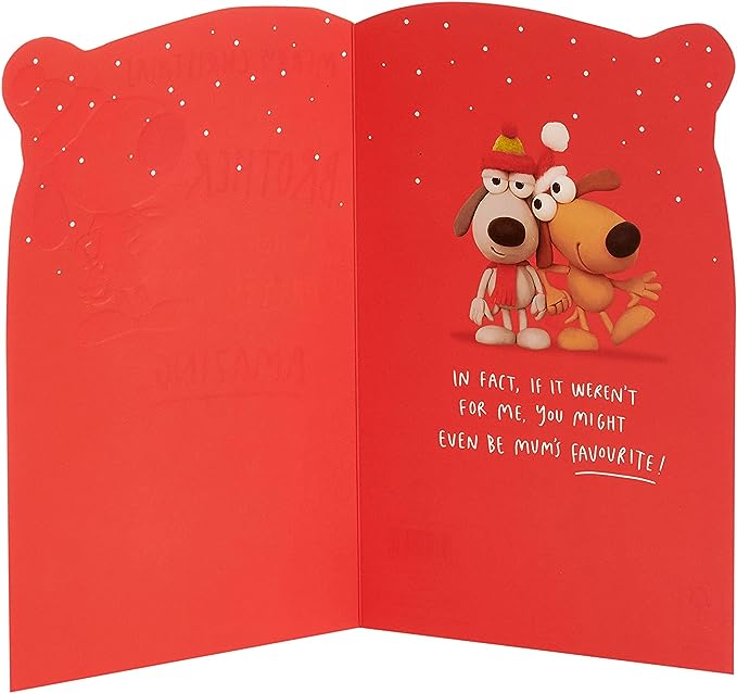 Humorous Christmas greeting card featuring crackers and a brother illustration with festive red foil accents, by UK Greetings.
