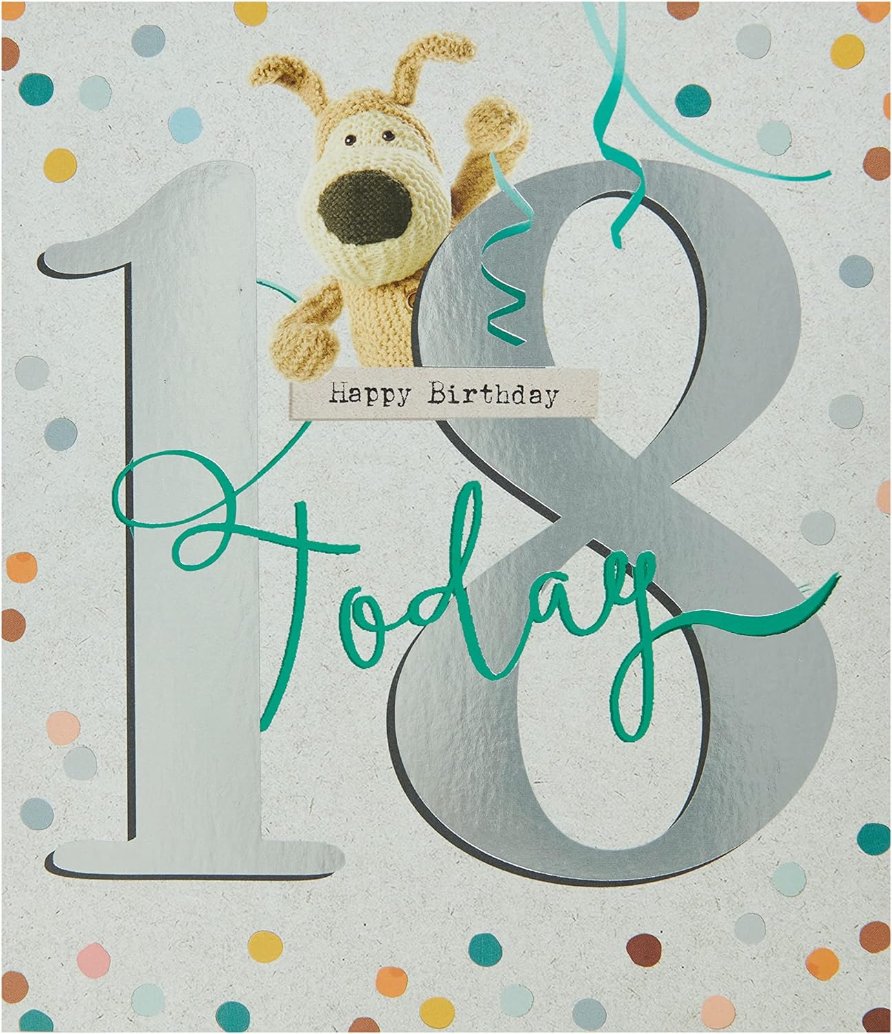 Cute Boofle 18th birthday greeting card with colorful floral design and adorable Boofle character from UK Greetings.