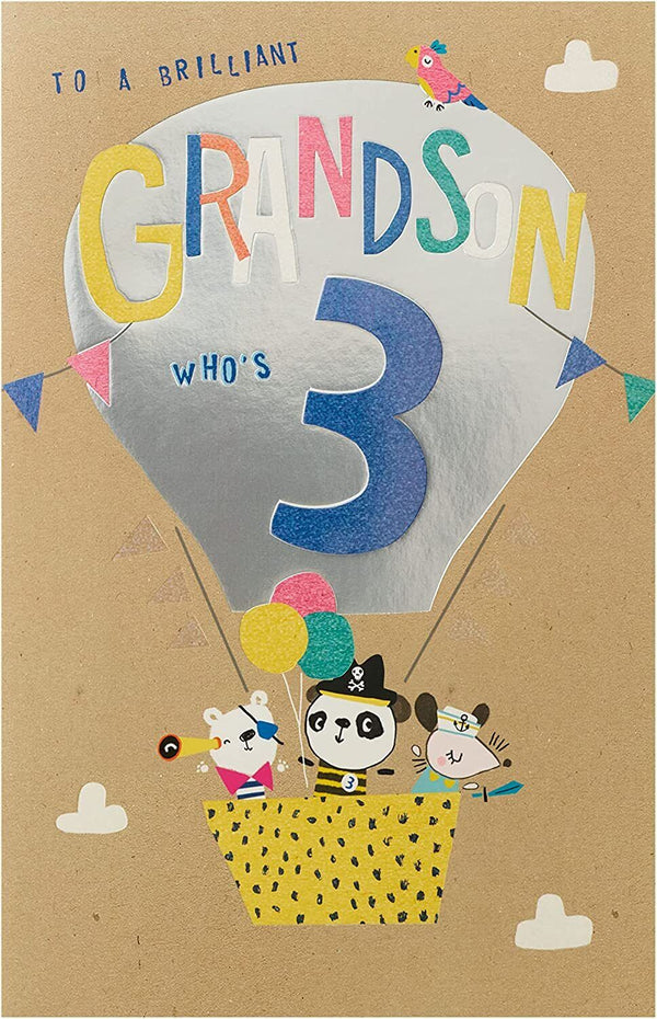 Cute 3rd birthday grandson greeting card from UK Greetings with colorful, festive design and cheerful message.