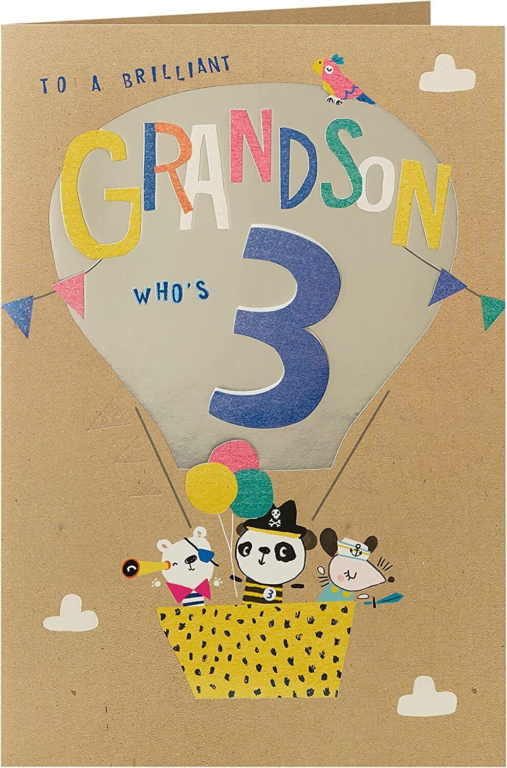 Cute 3rd birthday grandson greeting card with colorful design, featuring cheerful illustrations and a heartfelt message.