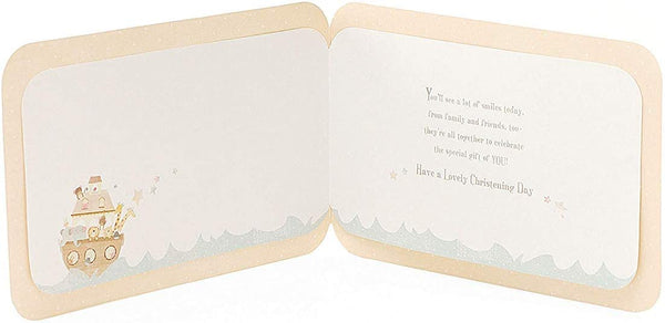 Cute animals christening greeting card featuring adorable animal illustrations, perfect for special baby blessings.