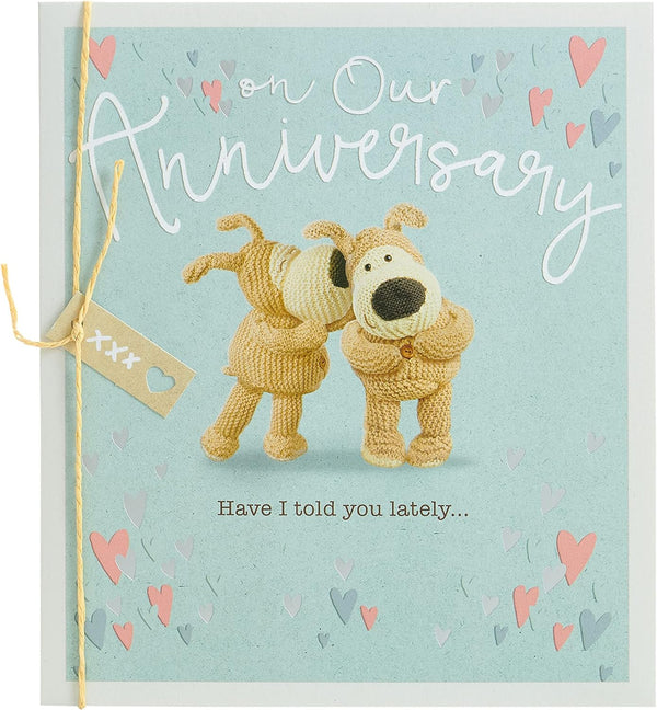 Cute Boofle anniversary couple greeting card from UK Greetings featuring adorable cartoon rabbits and romantic design.
