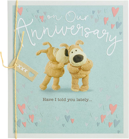 Cute Boofle anniversary couple greeting card from UK Greetings featuring adorable cartoon rabbits and romantic design.