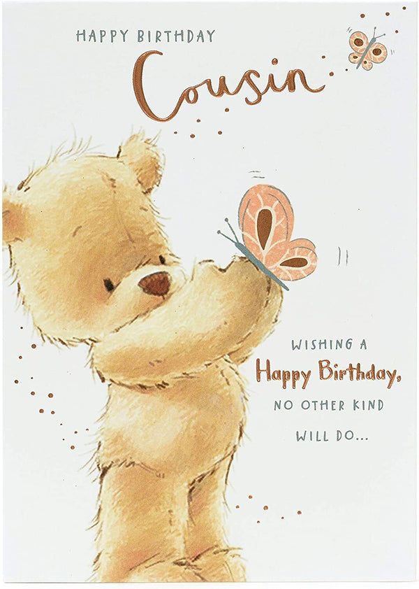 Cute Cousin birthday greeting card featuring a teddy bear and rose gold accents, perfect for celebrating special occasions.