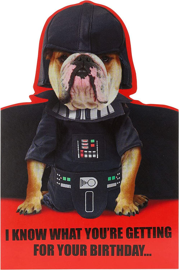 Cute Darth Vader Bulldog Star Wars birthday greeting card featuring a cartoon dog in Darth Vader costume, UK Greetings design.