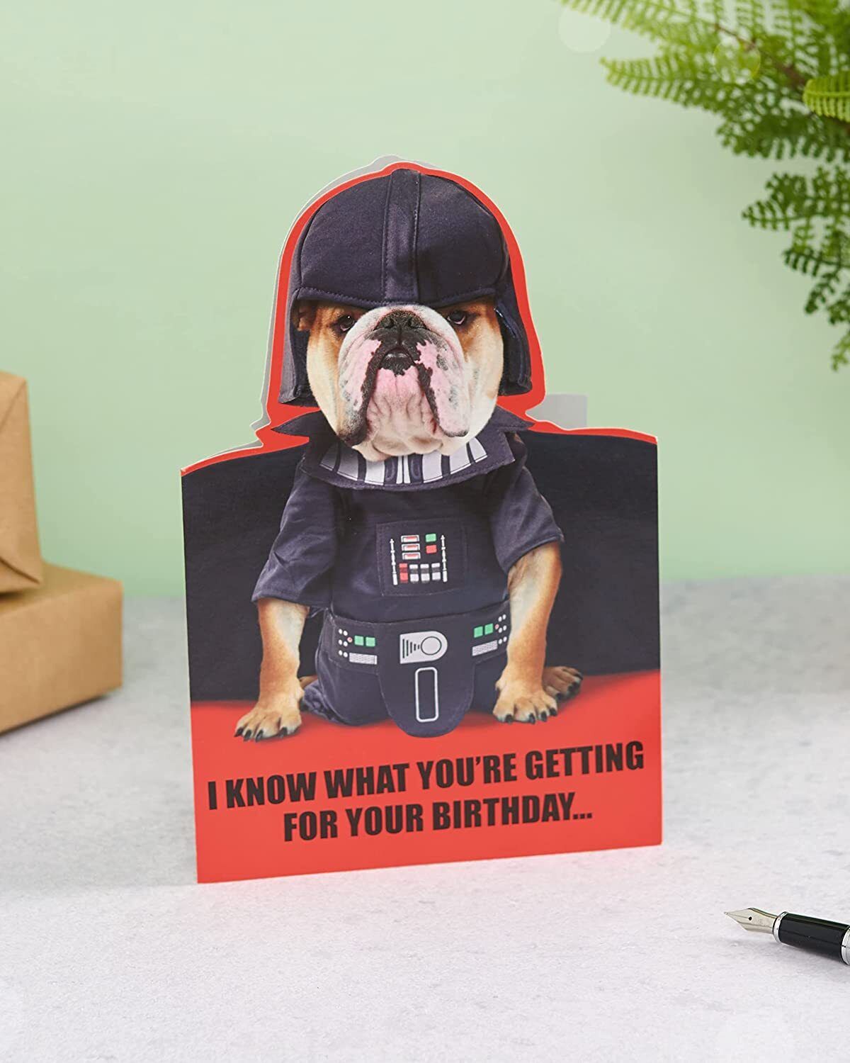 Cute Darth Vader Bulldog Star Wars birthday greeting card featuring a cartoon bulldog dressed as Darth Vader for fans