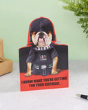 Cute Darth Vader Bulldog Star Wars birthday greeting card featuring a cartoon bulldog dressed as Darth Vader for fans