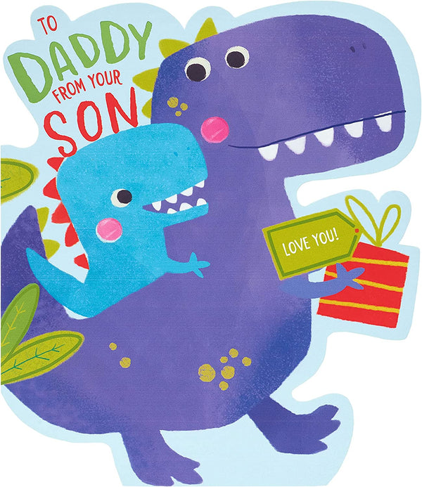 Cute dinosaur-themed Father's Day greeting card from son, featuring colorful dinosaur illustrations, by UK Greetings.