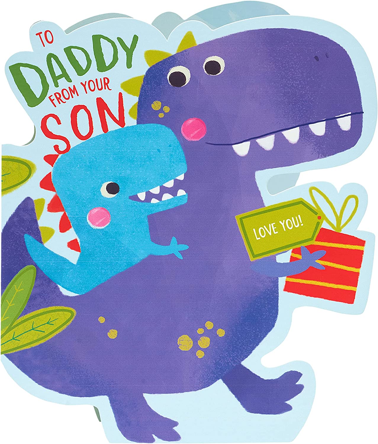 Cute dinosaur Father's Day greeting card from son, featuring colorful dinosaur illustration and heartfelt message.